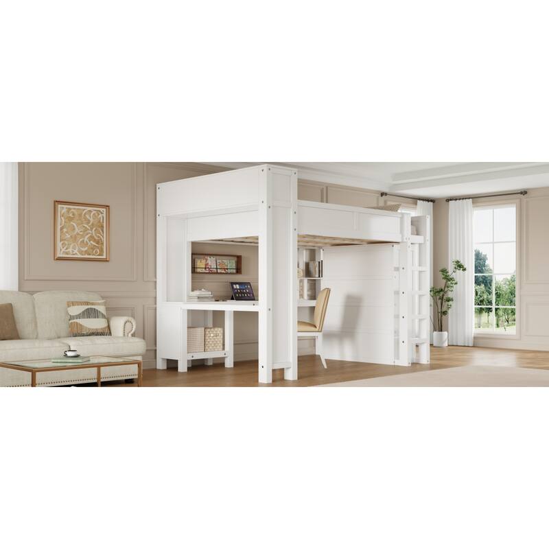 Roomfitters Queen Loft Bed with Wardrobe, Desk, Storage Headboard and USB