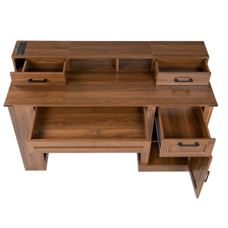 Roomfitters 55" Farmhouse Office Desk with Barn Door Cabinet, Pegboard & Charging Station