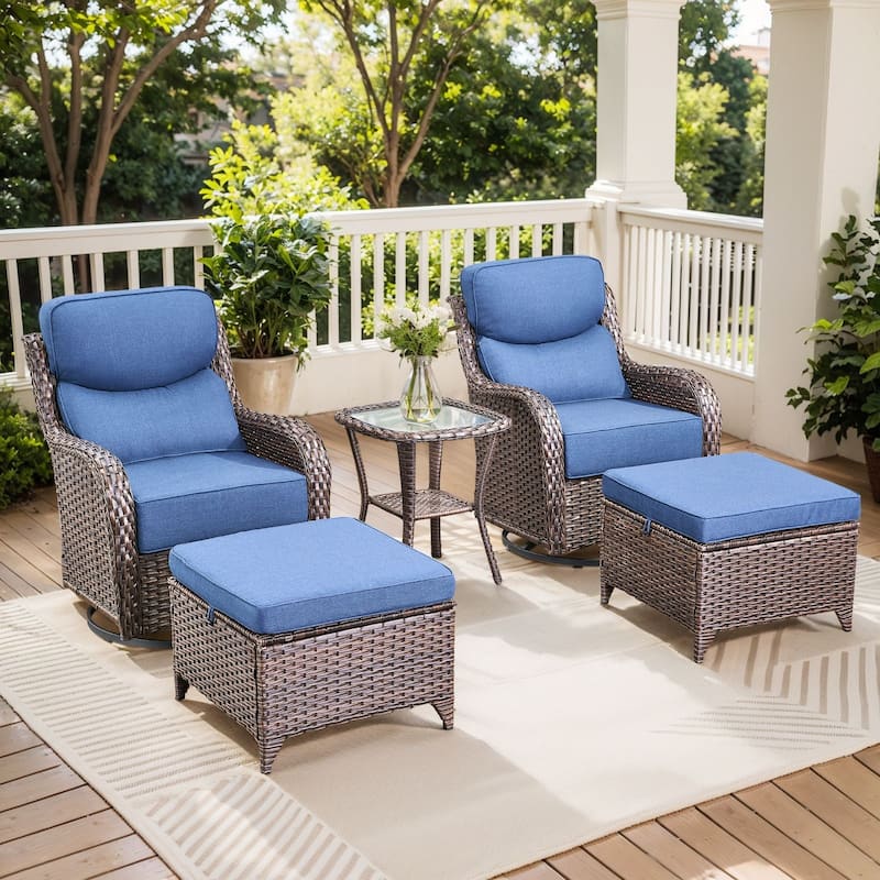Pocassy Patio Furniture Set with Swivel Chairs, All Weather Patio Wicker - Brwon Wicker Blue Cushion - 5PCS Swivel Chair w/ Table Ottoman