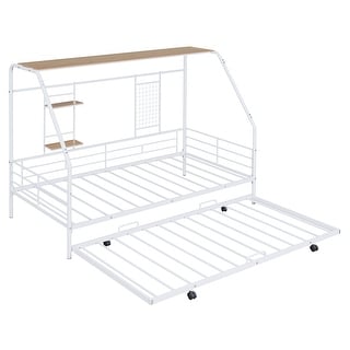 Twin Metal House Bed with Trundle, Sturdy Bedframe w/Built-in Shelf and Grid for Kids Bedroom, Dorm, No Box Spring Needed, White