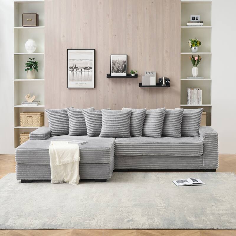 Oversized Two-Piece Couches, L Shaped Sofa, Corduroy, Right Chaise Daybed,with Armrests,Eight Throw Pillows,Corner Sofa - Grey - Reversible