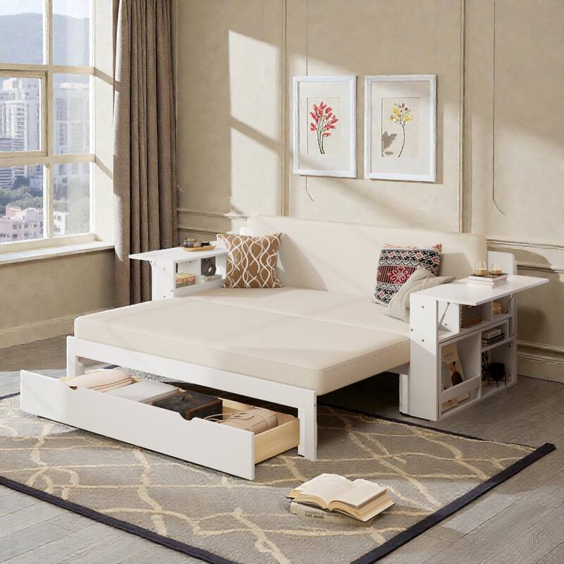 Queen Size 4-in-1 Daybed with Removable Desk, Storage Drawers, Hydraulic Side Tables & Extendable Armrests