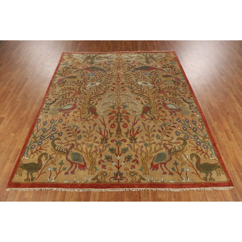 Light Brown Animals Ziegler Oriental Area Rug Hand-Knotted Wool Carpet - 7'9" x 9'8"