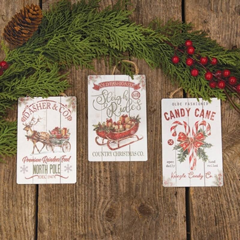 Multi-Color Tin Metal Christmas Ornaments with Jute Rope Hanger, 3 Asstd. - 4 x 6 in.