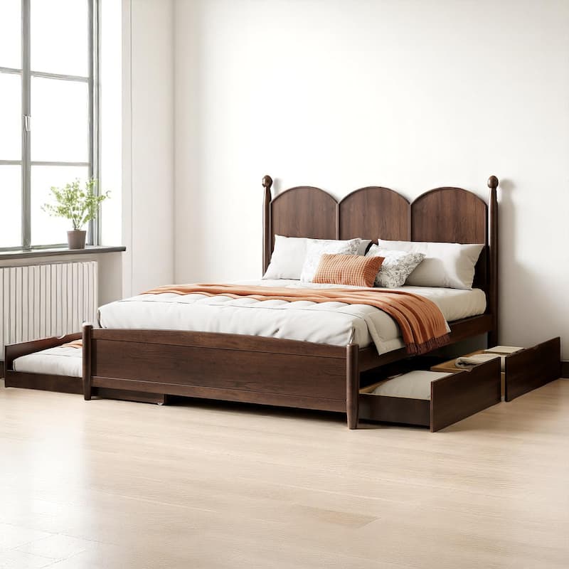 Rustic Queen Bed with Drawers and Pull-Out Twin XL Trundle, Solid Pine Platform Bed with Storage