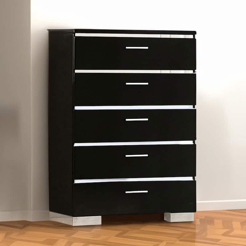 High Gloss Lacquer Coated 5 Drawer Chest with Bracket Feet,Black and Chrome