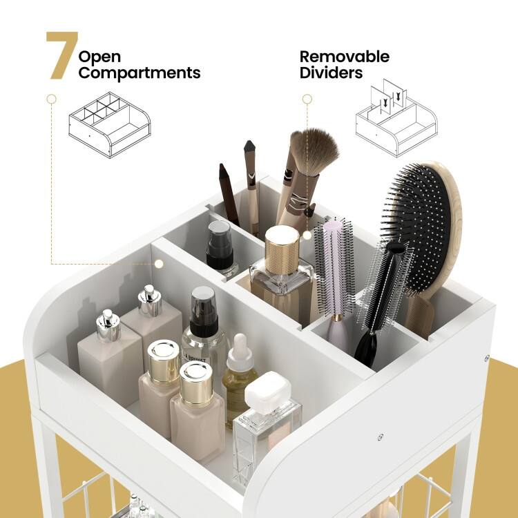 White Rolling Makeup Organizer with Drawers and Shelves Metal Vanity Storage Cart with Wheels - 12" x 12" x 35.5"
