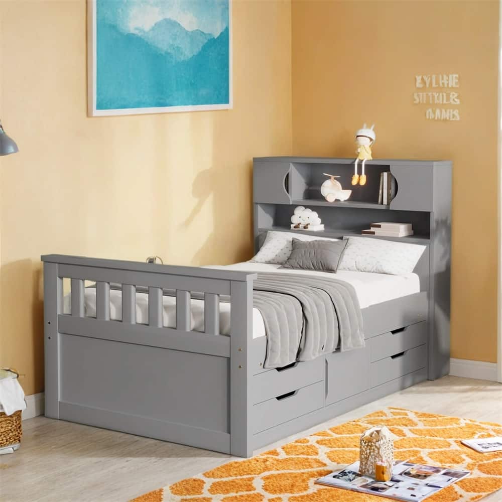 Twin Size Captain Platform Bed Frame with Storage Bookcases & Shelves