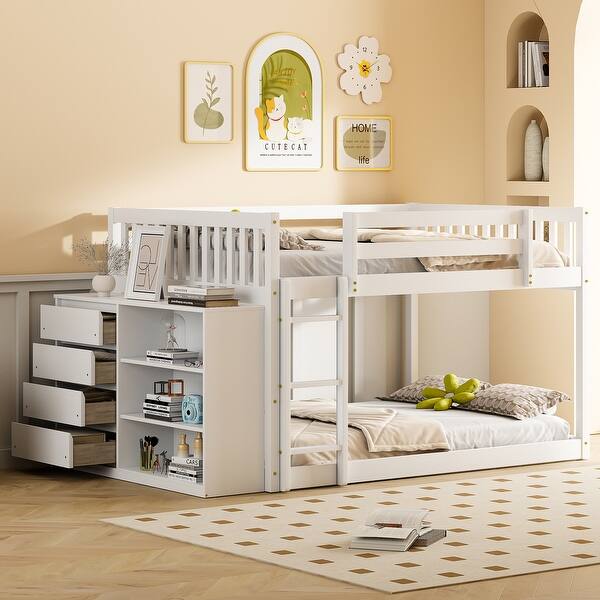 slide 2 of 16, Full over Full Bunk Bed with 4 Drawers and 3 Shelves, White White
