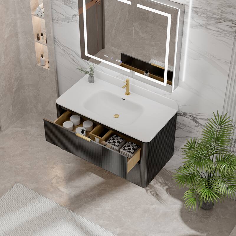 Modland Fluted Floating Vanity with Sink, Plywood Wall Mount Cabinet, Curved Edge, 24/30/36 Inch