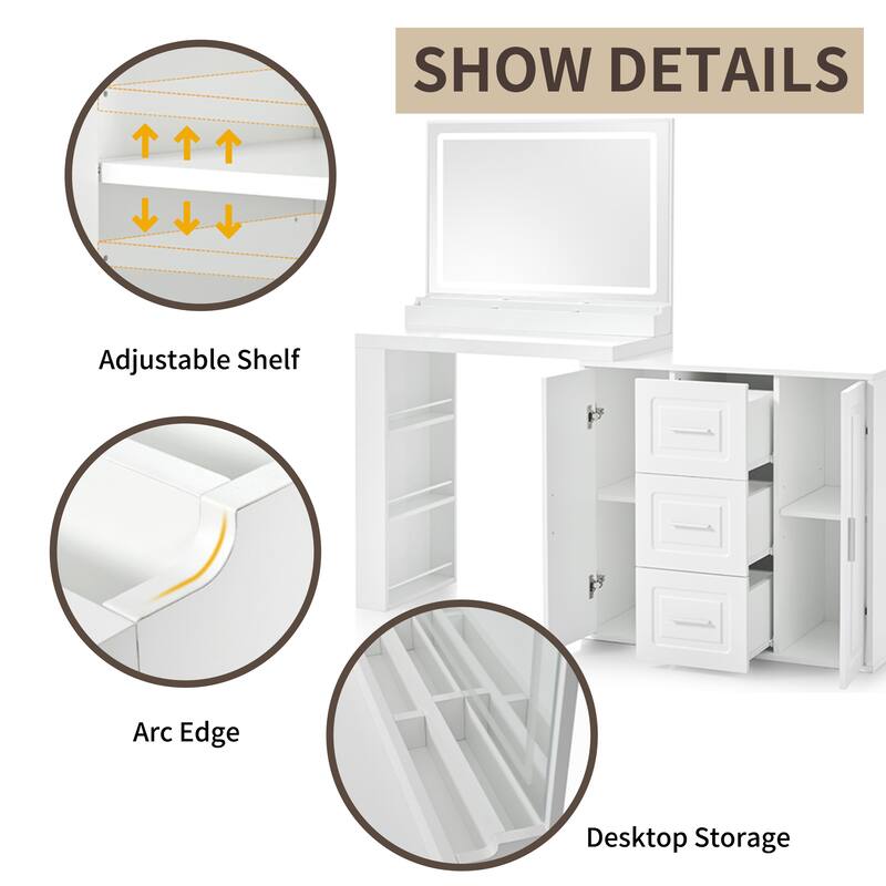 Modern Dressing Table w/ LED Mirror, Adjustable Brightness, 3 Drawers