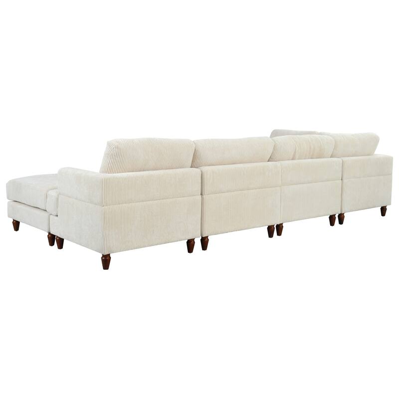 L Shaped Modular Sectional Sofa with Ottoman, Corduroy Upholstered Sleeper Sofa Bed, Corner Sectional Couch with Wooden Legs