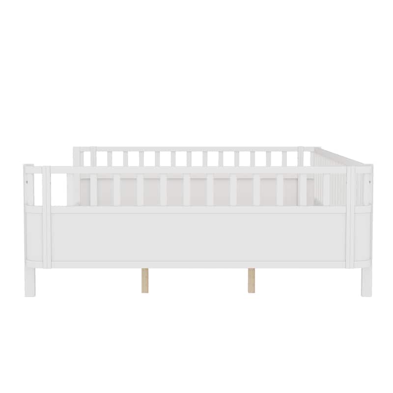 Multi Size Low Platform Bed for Kids with Rounded Corners Guardrails, Detachable Right-side Fence and Open Left-side Design