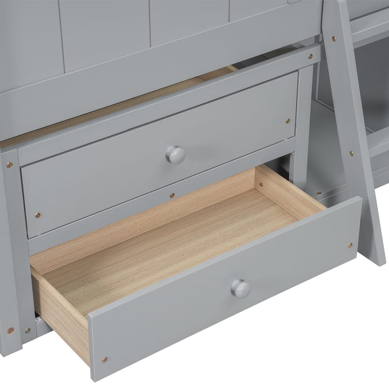Wooden Loft Bed w/4 Storage Drawers and Roof, Full Size House Loft Pine Wood Bed