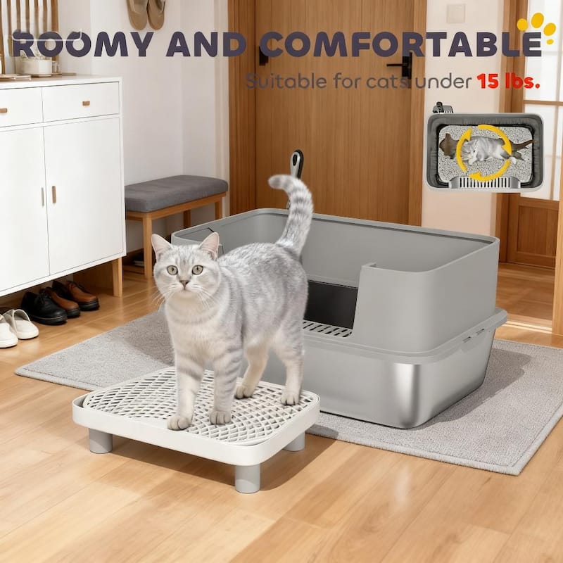 Stainless Steel Cat Litter Box with High Sides, Metal Cat Litter Box with Scoop