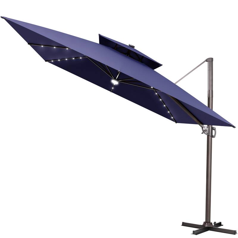 11 FT Outdoor Solar Powered LED Patio Cantilever Umbrella Double Top Square Umbrella - Navy Blue