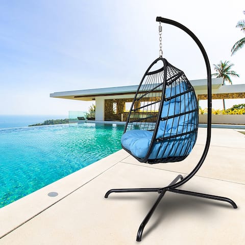 Swing Egg Chair with Stand, Outdoor Wicker Rattan Patio Chair
