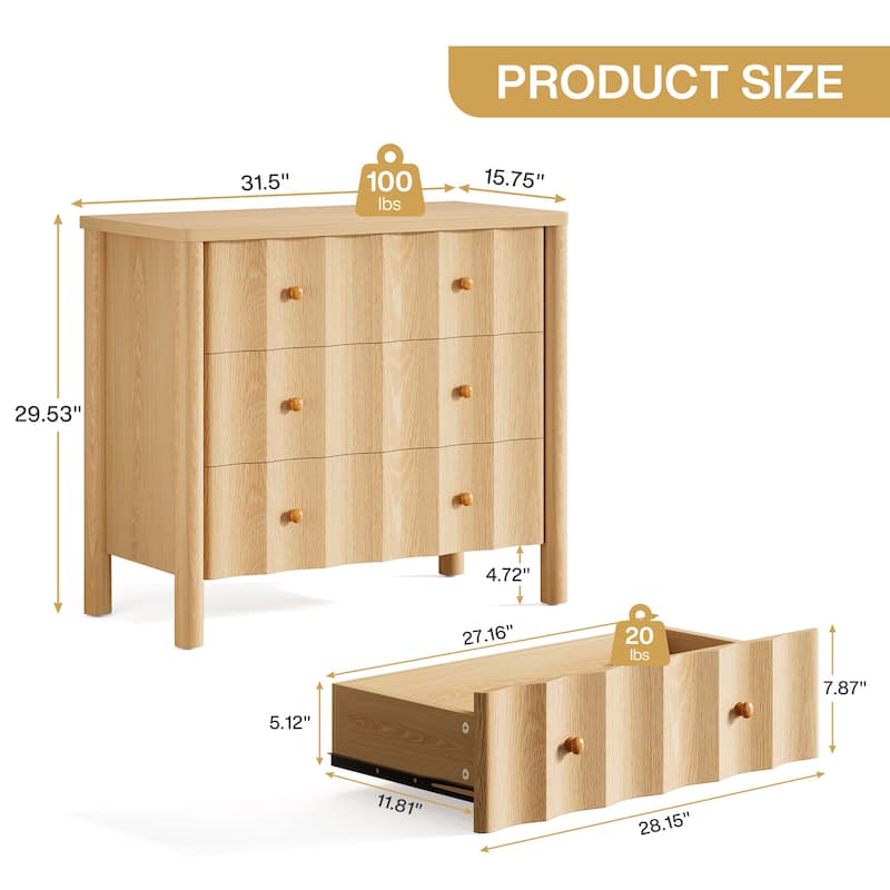 Wood Nightstand with 3 Drawers, Modern Large Night Stand