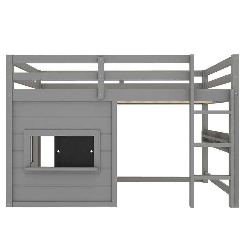 Roomfitters Low Loft Bed with Sliding Chalkboard and Bookshelf, House Frame Design