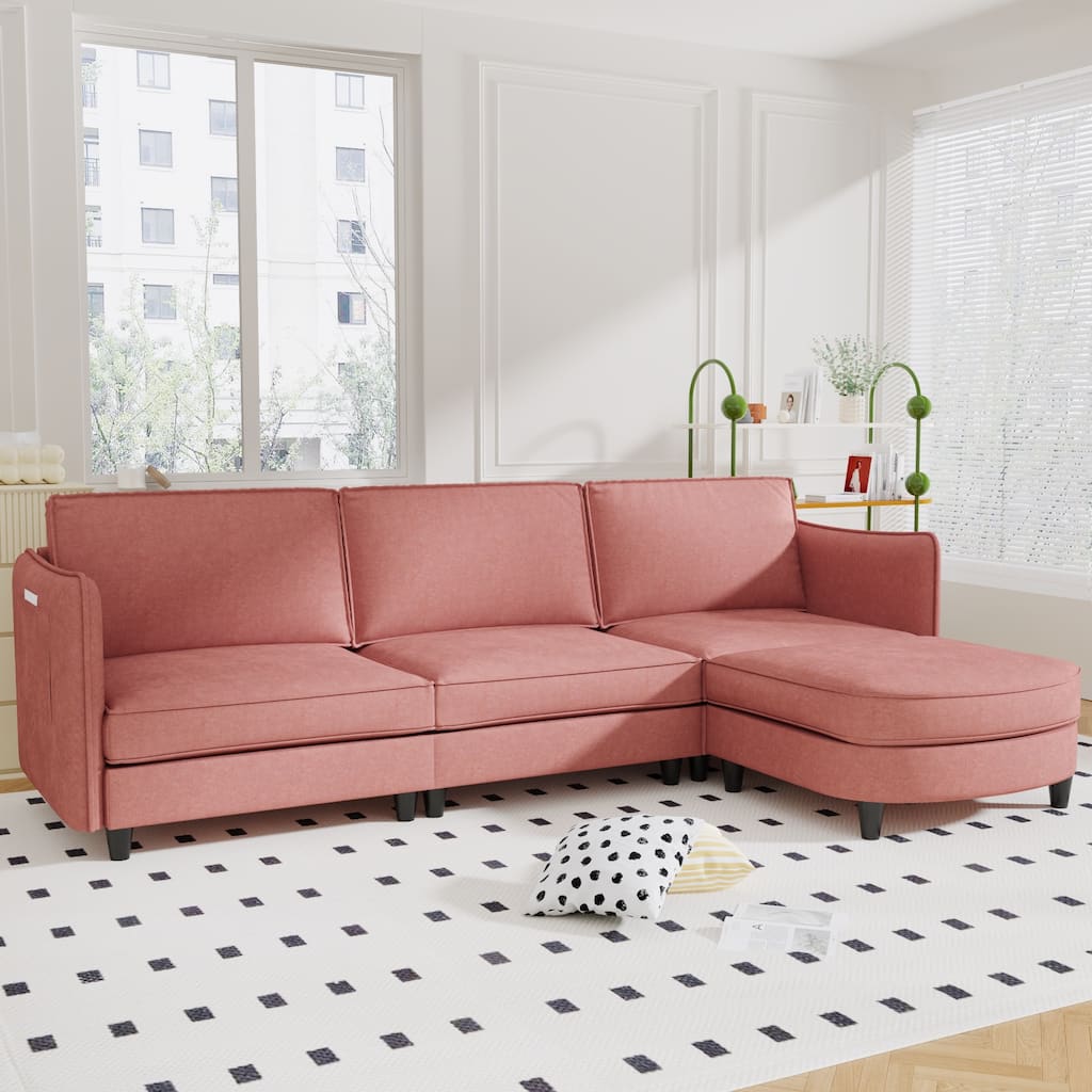 107.8'' Red 3-Seater L-Shaped Sofa with Ottoman and Arm Pockets for Living, Apartment, Office