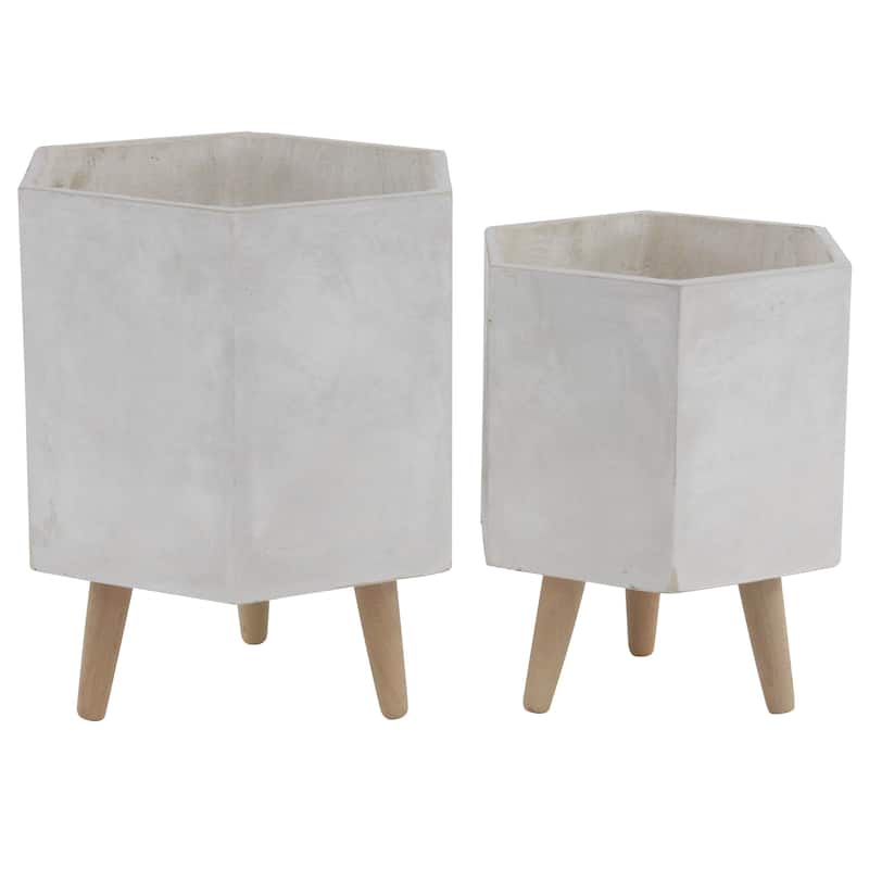 Magnesium Oxide Geometric Hexagon Indoor Outdoor Planter with Brown Wooden Legs - Set of 2 White - CosmoLiving by Cosmopolitan - White