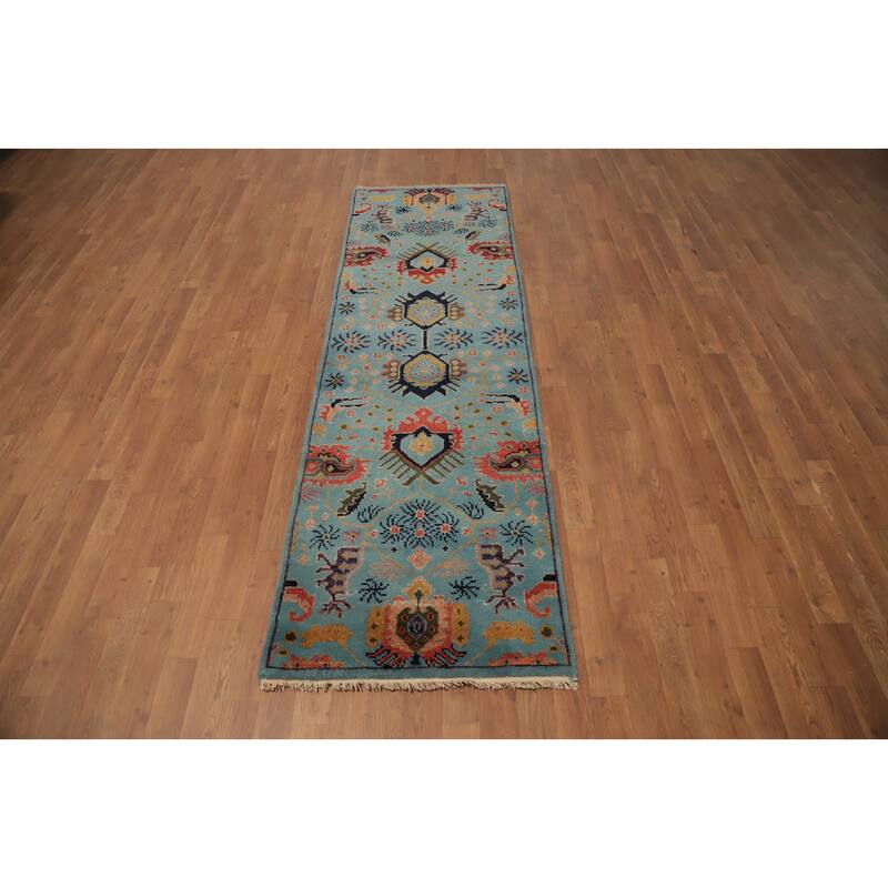 Hand Knotted Oriental 100% Wool Carpet Transitional All-Over Navy Blue & Blues Oushak Runner Rug - 7' 10'' X 2' 5''