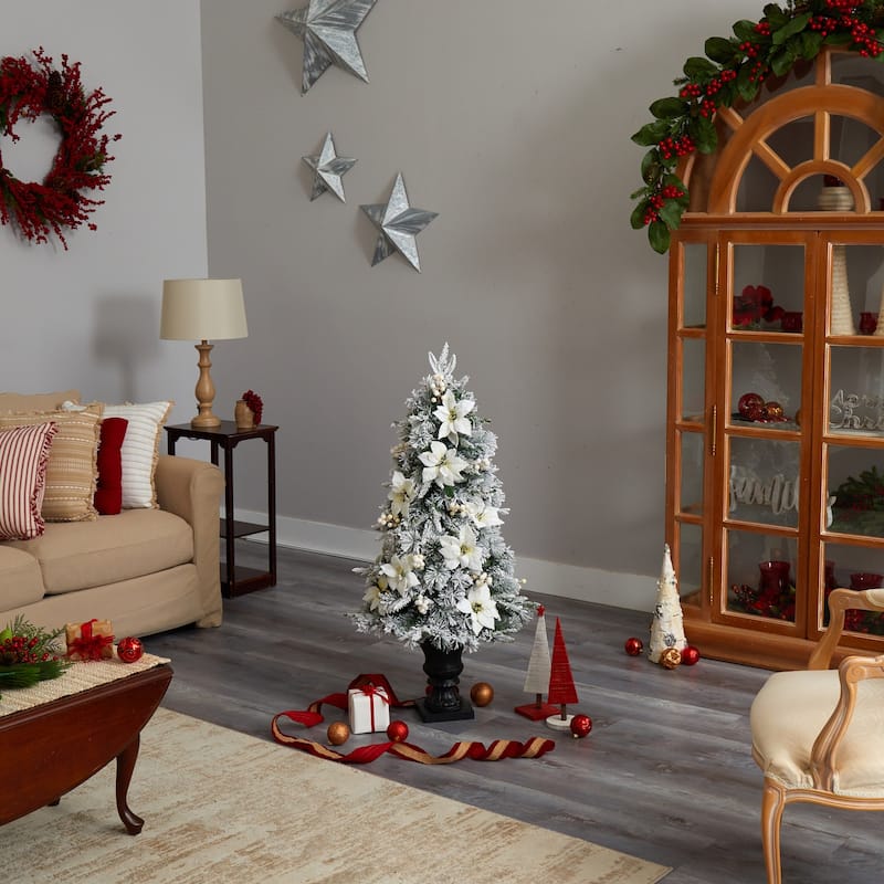 4ft. Flocked Artificial Christmas Tree with 223 Branches & 100 Warm Lights in Decorative Urn - Snowy Holiday X-Mas Glow
