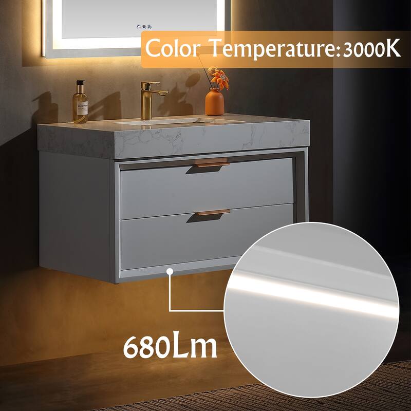 36/48/60 Modern Floating Bathroom Vanity with Sinle/Double Sink & Soft-Close Drawers & LED Lighting & Waterproof, White