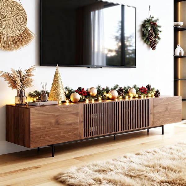 NessCarsti Mid-Century Modern TV Stand - Walnut Finish, 70.87", With Storage Cabinets & Open Shelves