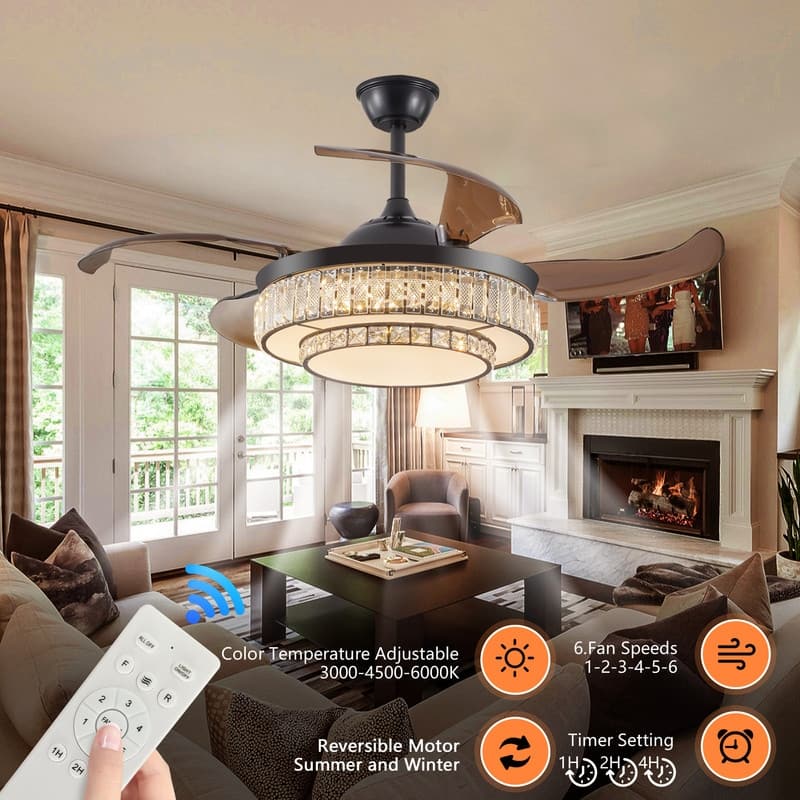 48" Modern Crystal Ceiling Fan With Retractable LED Light – 6-Speed Quiet DC Motor & Remote Control, Reversible 4-Blade Design.