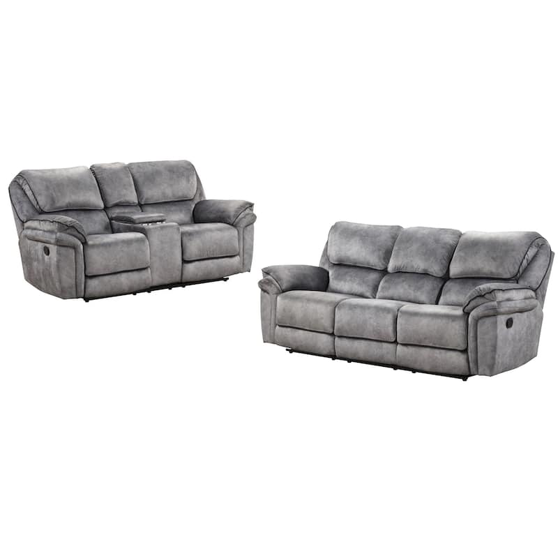 Arisa Sofa and Loveseat Manual Recliner Set, Gray Faux Leather, Drop Table