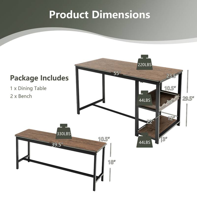 Gymax 3PCS Rustic Kitchen Dining Set Includes Storage Rack w/