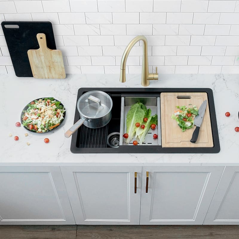 Dual mount 32 inch Black Composite Granite Single Bowl Workstation Kitchen Sink
