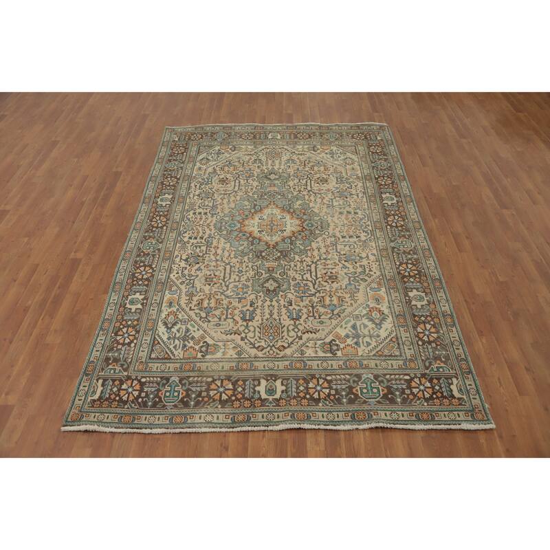 Hand Knotted Oriental 100% Wool Carpet Traditional Floral Beige & Ivories Tabriz Area Rug - 9' 3'' X 6' 4''