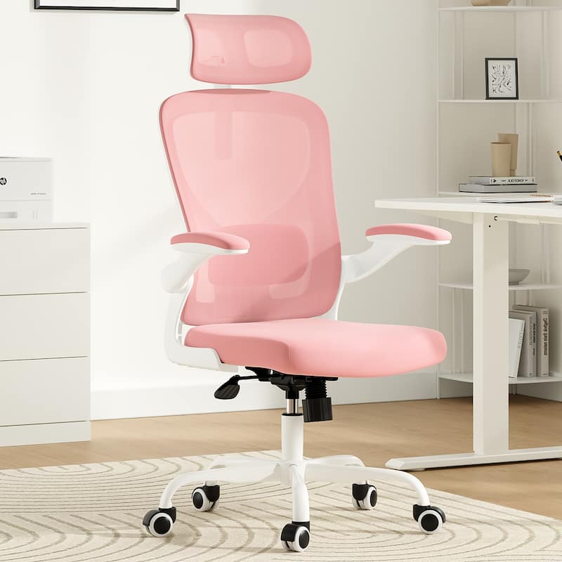 Ergonomic Office Chair With Headrest,High Back Computer Chair With Armrests And Adjustable Lumbar Support - Pink,White