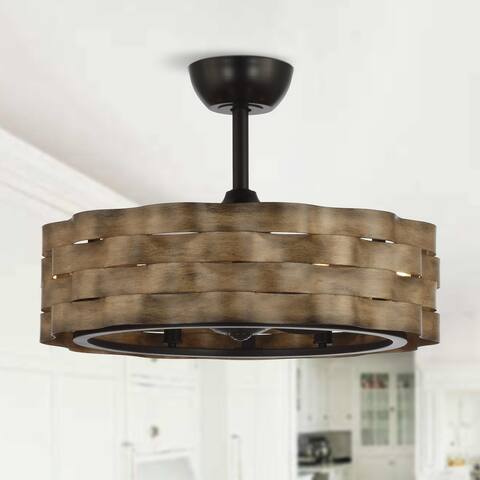 25.6" Brown 3-Blade Wooden Cage LED Chandelier Ceiling Fan with Remote