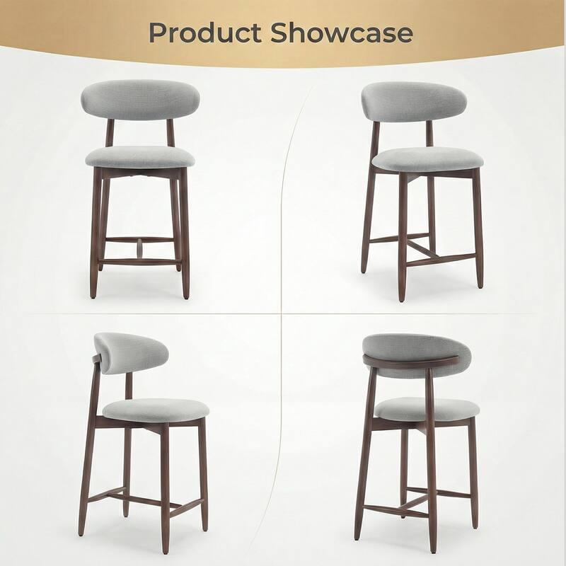 Mid-Century Modern Upholstered Bar Stools Counter Height Wooden Bar Chairs with Backrest Footrest