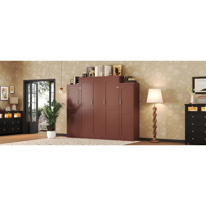 Queen Size Foldable Wall Bed with Wardrobes and Storage Shelf, Multifunctional Space-Saving Platform Bedframe in Walnut Finish