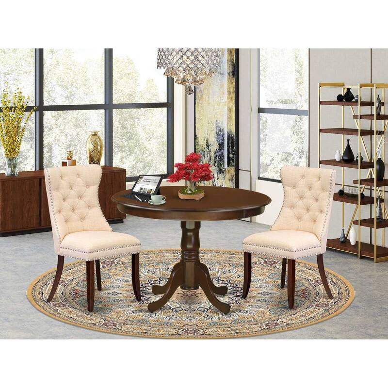 3-Piece Mahogany Finish Solid Wood Top-Round Upholstered Dining Room Set-Seats 4