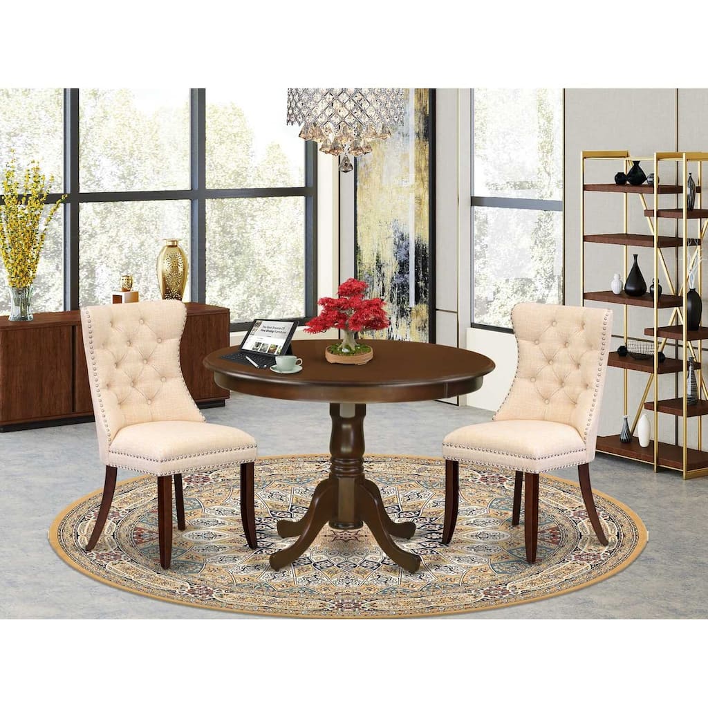 3-Piece Mahogany Finish Solid Wood Top-Round Upholstered Dining Room Set-Seats 4