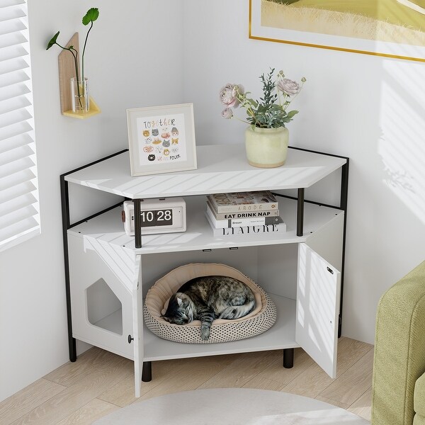 Corner Cat Litter Box Enclosure with Open Shelf 2 Entrances and Metal Legs 41.5 x 20 x 29 Bed Bath Beyond 40836908