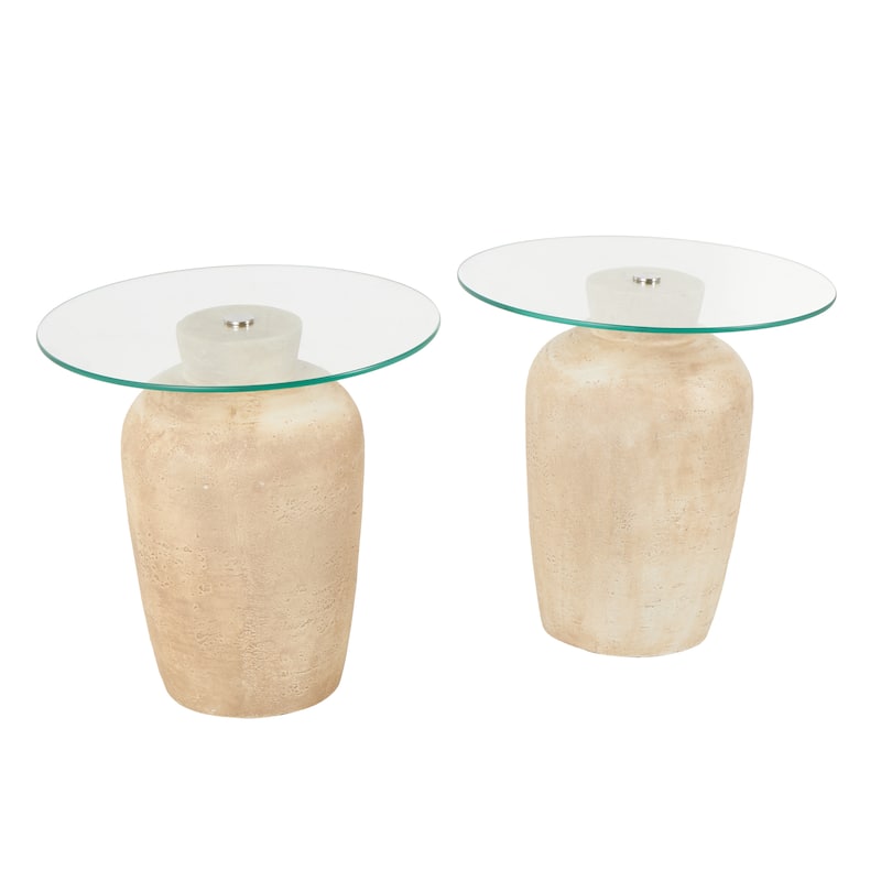 Beige Magnesium Oxide Side End Accent Table with Glass Tabletop (Set of 2)