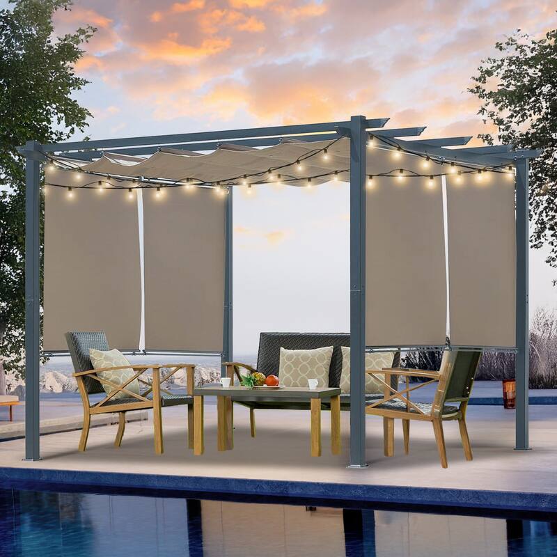 Aoodor 10 x 10 FT Outdoor Pergola with Retractable Shade Canopy, 4 Pieces Roller Shade Curtain
