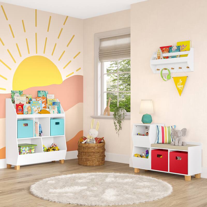 RiverRidge Kids Catch-All Cubby Storage Organizer Bench with Toy Storage Shelves and Cushioned Seat for Playroom - White