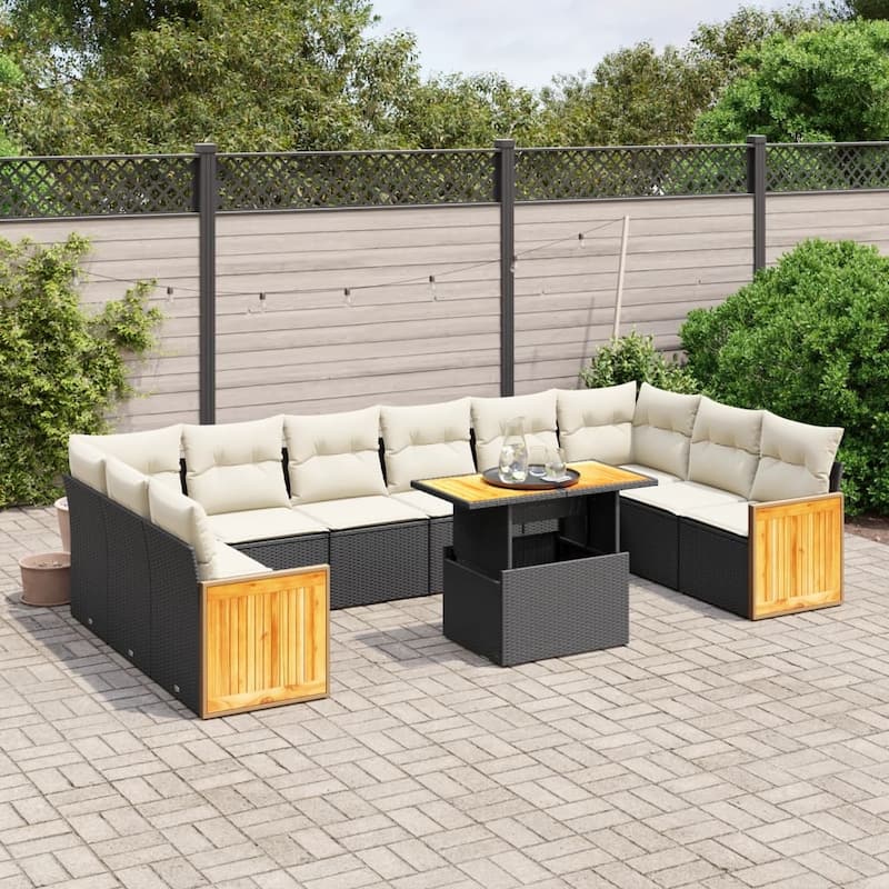 vidaXL Patio Sofa Set with Cushions Outdoor Furniture 11 Piece Poly Rattan - 21.7 x 39.4 x 28.7 in - Black and cream