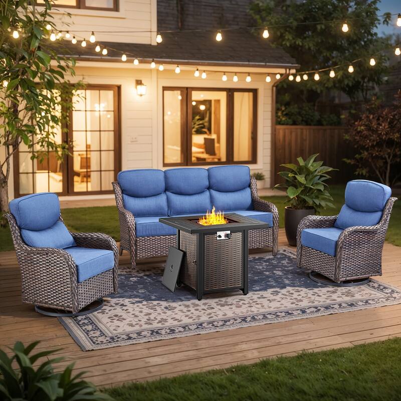Pocassy 4/5PCS Patio Sofa Swivel Chair with 30" Fire Pit Tab;e - 4-Piece Sofa Siwvel Chair w/ Fire Pit Table. - Blue Cushion Brown Wicker