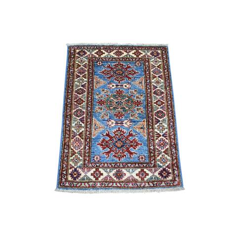 Shahbanu Rugs Denim Blue Densely Woven Pure Wool Hand Knotted Caucasian Super Kazak Geometric Design Oriental Rug (2'1" x 2'10")