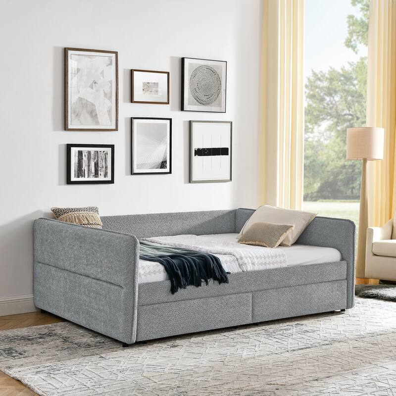 Roomfitters Queen Boucle Daybed with Trundle, Two Storage Drawers and Upholstered Sofa Bed Frame
