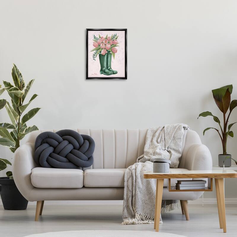 Stupell Pink Tulips in Boots Framed Floater Canvas Wall Art Design By Sara Baker