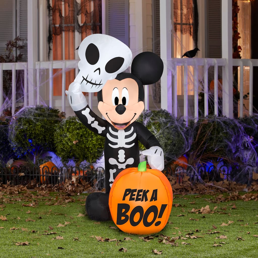 Gemmy Halloween Inflatable Mickey Mouse in Skeleton Costume w/ Pumpkin, 4 ft Tall